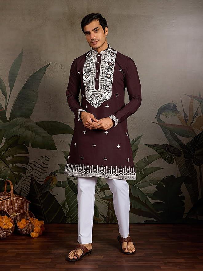 Kalaanj Men Silk Blend Embroidered Kurta with Mandarin Collar - Image 2